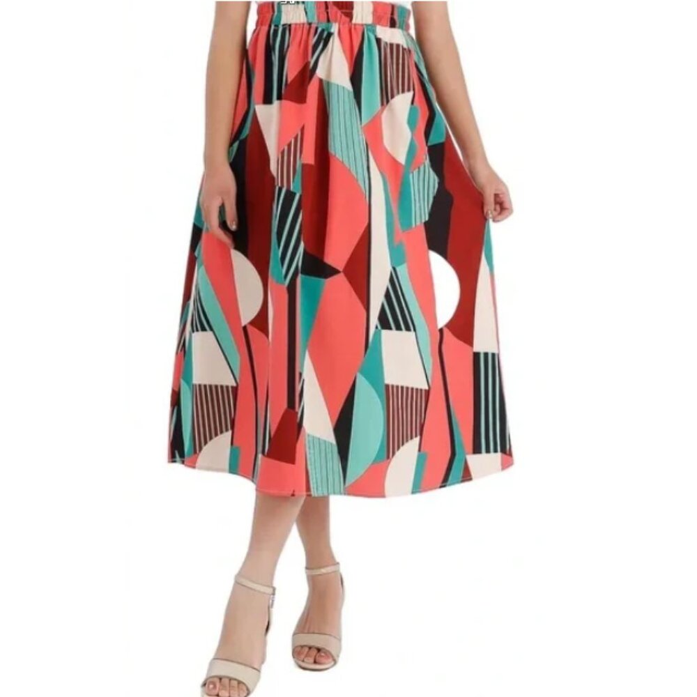 MKIASRYFSD Geometric Printed Elastic Waist Pull On Skirt with Pockets Size S